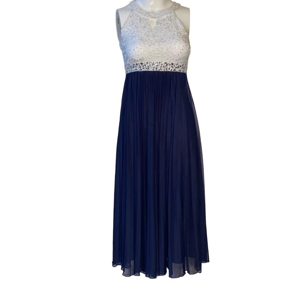 Speechless Girls Party Maxi Dress Halter Neck Lace Keyhole Back Blue White SZ 10
